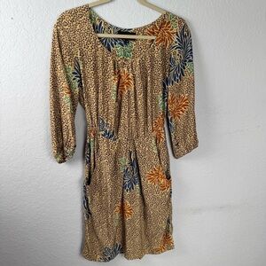 Corey Lynn Calter Anthropologie Silk Floral Tan and Purple Midi Dress Size 4